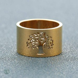 Bague en acier avec motif Arbre de Vie doré