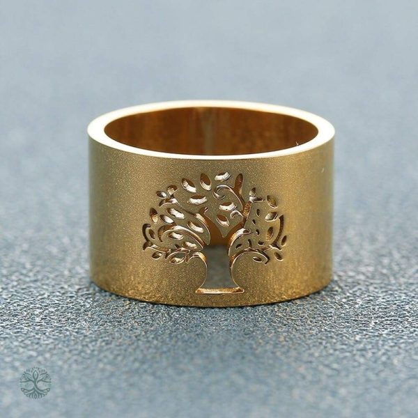 Bague en acier avec motif Arbre de Vie doré