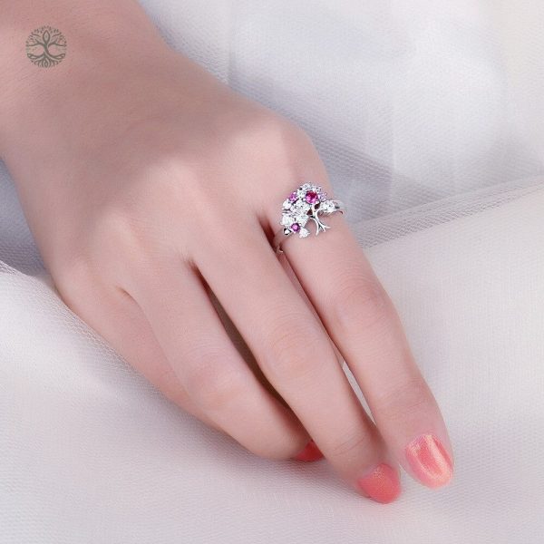Bague arbre de vie en argent avec diamant rose