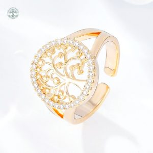 Bague Arbre de Vie dorée en cuivre avec oxydes de zirconium