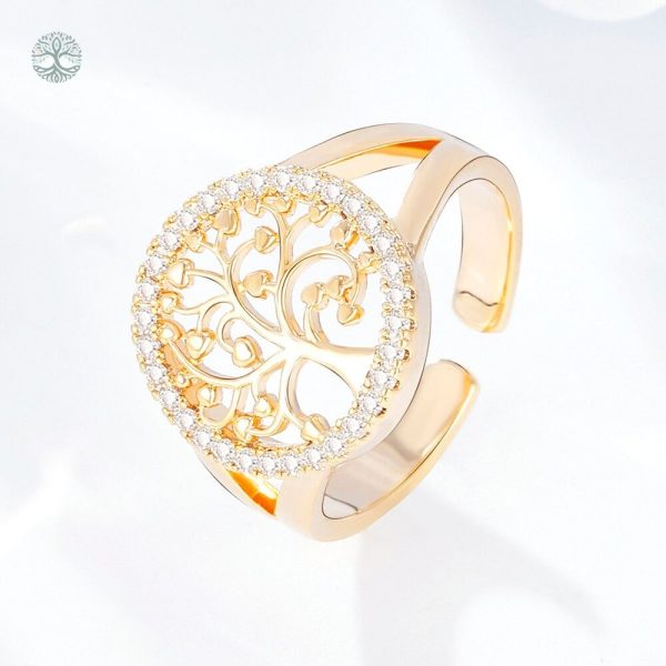 Bague Arbre de Vie dorée en cuivre avec oxydes de zirconium