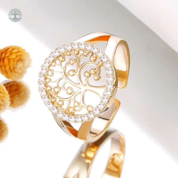 Bague en cuivre doré ornée d'oxydes de zirconium, design Arbre de Vie