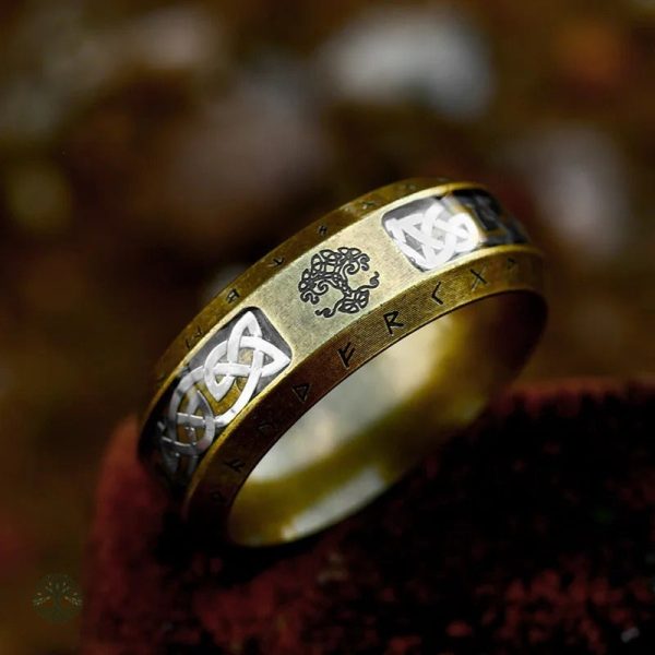 Bague Arbre de Vie Dorée avec Nœud Viking