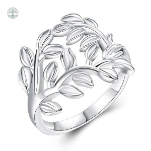 Bague Arbre de Vie en argent avec feuilles argentées