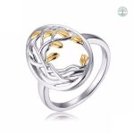 Bague Arbre de Vie en argent avec feuilles dorées