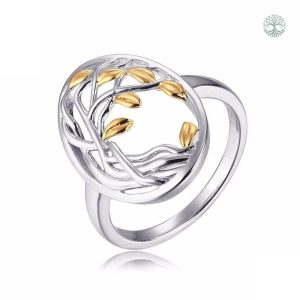 Bague Arbre de Vie en argent avec feuilles dorées