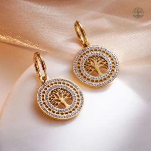 Boucles d'oreilles dorées avec oxyde de zirconium, design arbre de vie