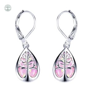 Boucles d'oreilles arbre de vie en opale rose