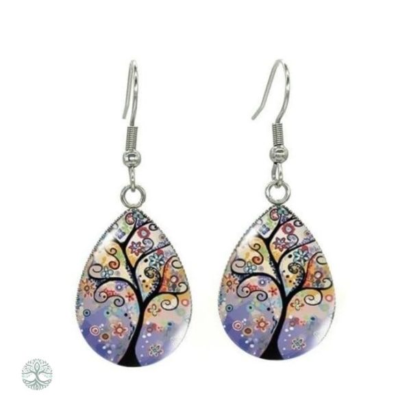 Boucles d'oreilles Arbre de Vie avec fleurs colorées