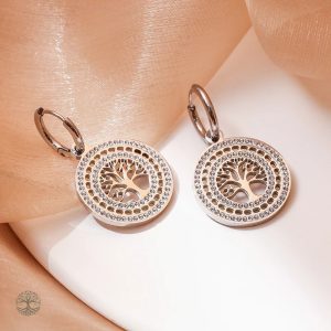 Boucles d'oreilles en acier inoxydable, motif Arbre de Vie argenté