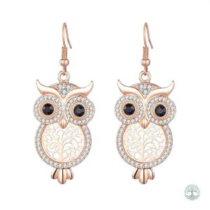 Boucles d'oreilles Arbre de Vie en or rose avec motif de chouette