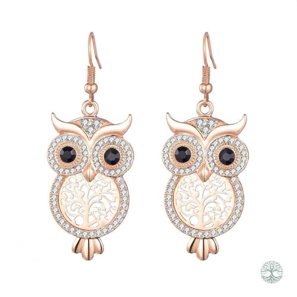 Boucles d'oreilles Arbre de Vie en or rose avec motif de chouette
