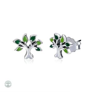 Boucles d'oreilles Arbre de Vie avec feuilles vertes