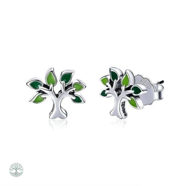 Boucles d'oreilles Arbre de Vie avec feuilles vertes