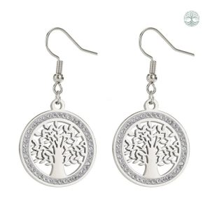 Boucles d'oreilles pendantes en argenté, motif arbre de vie