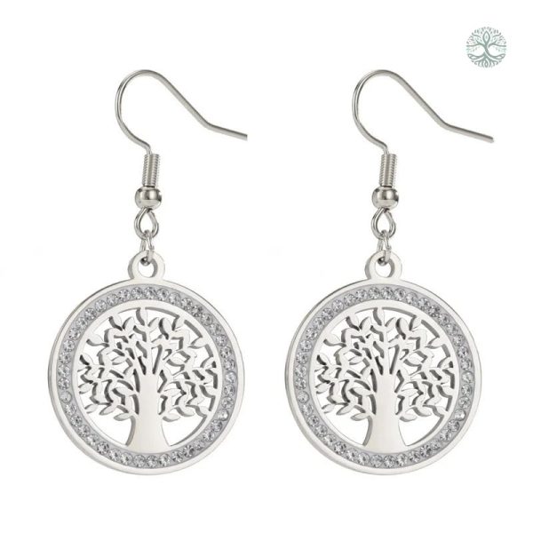 Boucles d'oreilles pendantes en argenté, motif arbre de vie