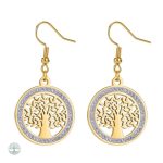 Boucles d'oreilles pendantes Arbre de Vie doré en zircons