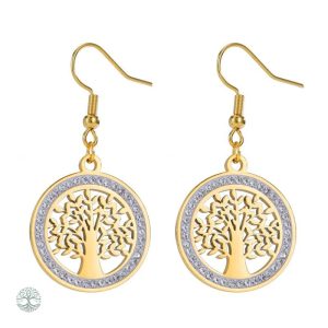 Boucles d'oreilles pendantes Arbre de Vie doré en zircons