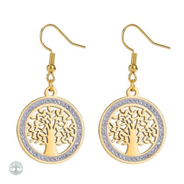 Boucles d'oreilles pendantes Arbre de Vie doré en zircons