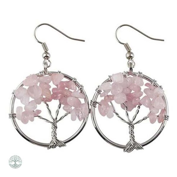 Boucles d'oreilles Arbre de Vie en quartz rose