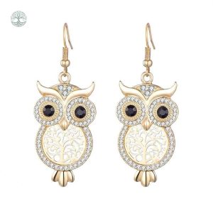 Boucles d'oreilles Arbre de Vie en or avec motif chouette