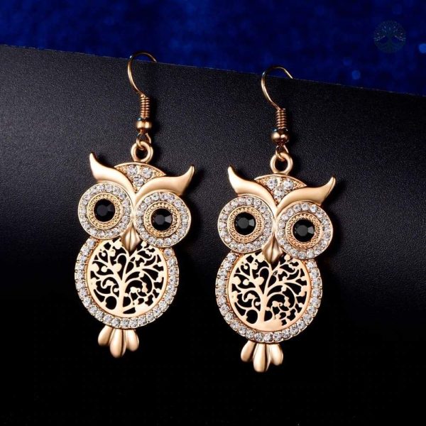 Boucles d'oreilles en or, design Arbre de Vie et chouette élégante