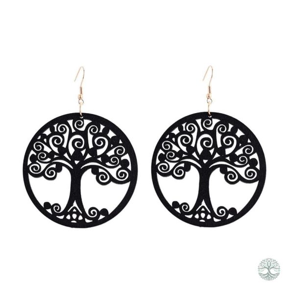 Boucles d'oreilles arbre de vie éthnique en noir