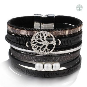 Bracelet Arbre de Vie en cuir noir élégant et symbolique