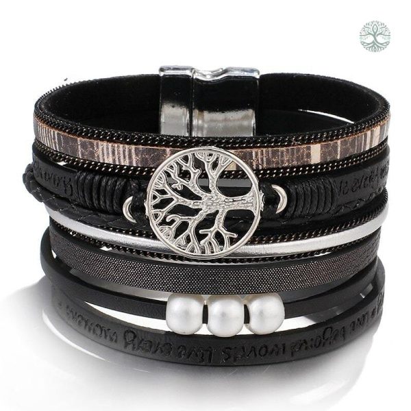 Bracelet Arbre de Vie en cuir noir élégant et symbolique