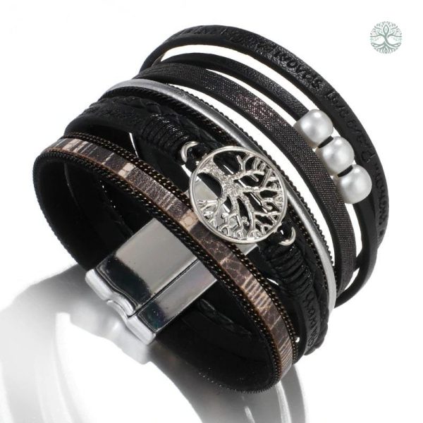 Bracelet en cuir noir avec motif Arbre de Vie distinctif