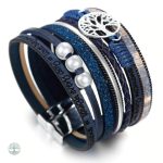 Bracelet en cuir avec motif Arbre de Vie, couleur bleue