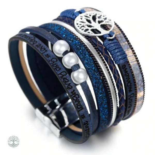 Bracelet en cuir avec motif Arbre de Vie, couleur bleue