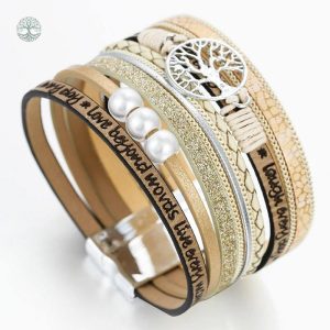 Bracelet en cuir beige avec motif Arbre de Vie