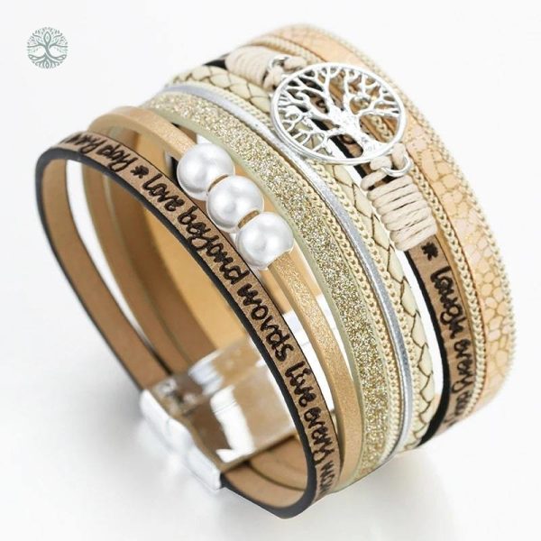 Bracelet en cuir beige avec motif Arbre de Vie
