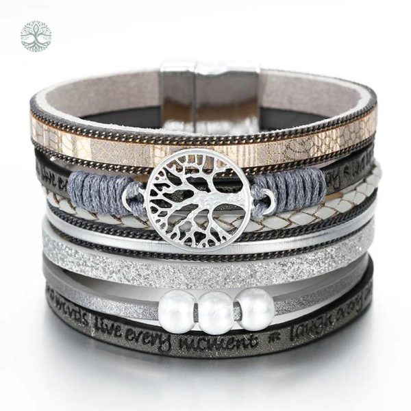 Bracelet Arbre de Vie en cuir gris, élégant et symbolique