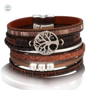 Bracelet Arbre de Vie en cuir marron élégant et symbolique