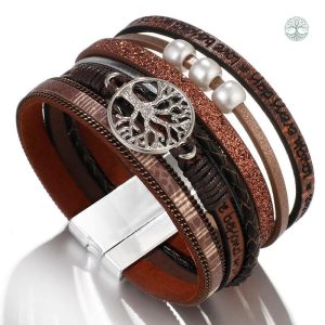 Bracelet en cuir marron avec motif Arbre de Vie unique