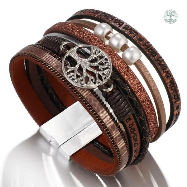 Bracelet en cuir marron avec motif Arbre de Vie unique
