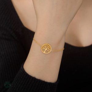 Bracelet en acier inoxydable avec motif arbre de vie doré