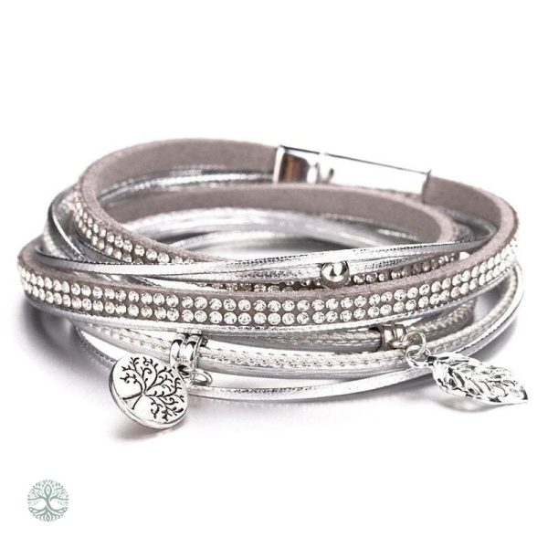 Bracelet Arbre de Vie en cuir pour femme en finition argentée
