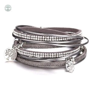 Bracelet Arbre de Vie en cuir gris pour femme