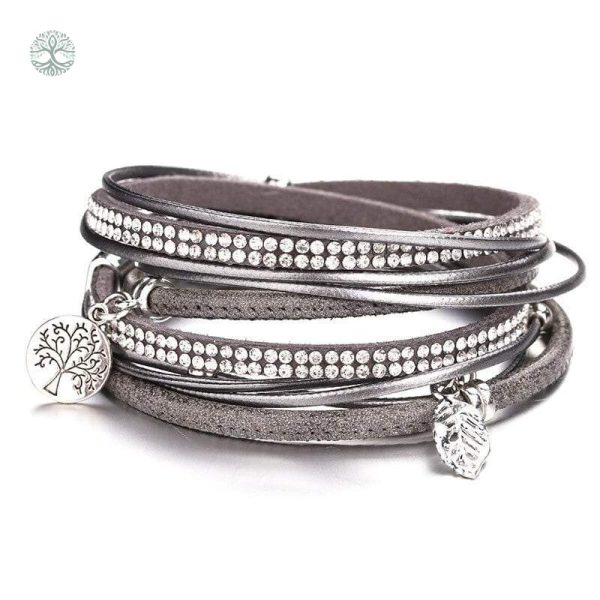 Bracelet Arbre de Vie en cuir gris pour femme