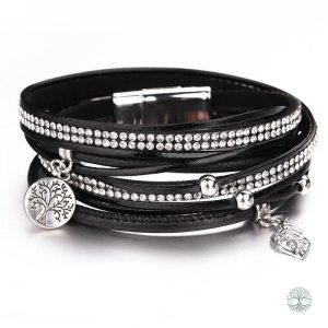 Bracelet Arbre de Vie en cuir noir pour femme