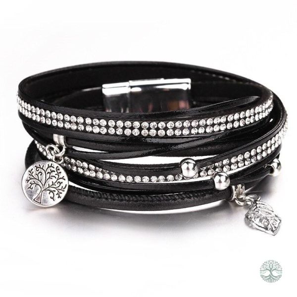 Bracelet Arbre de Vie en cuir noir pour femme