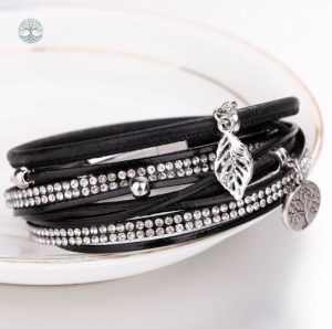 Cuir noir, bracelet femme avec motif Arbre de Vie