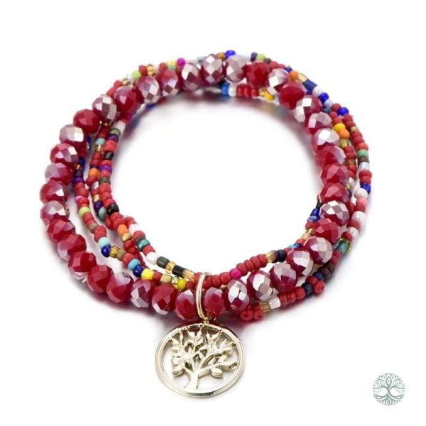 Bracelet bohème avec motif Arbre de Vie en rouge