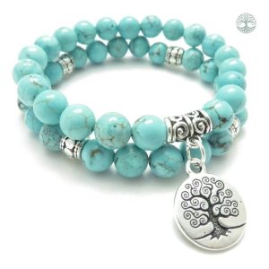 Double bracelet en turquoise avec motif arbre de vie