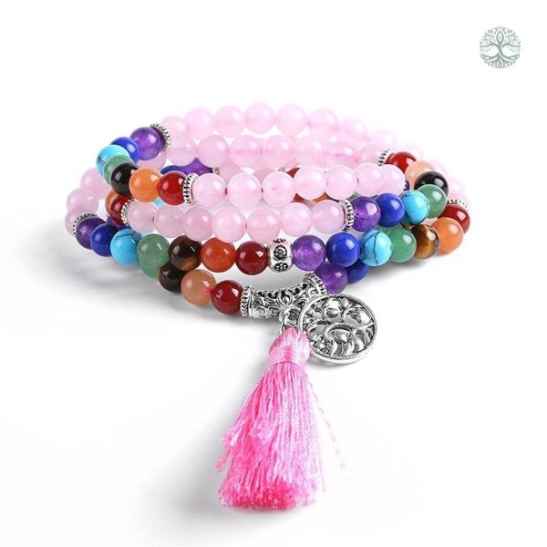 Bracelet Mala Arbre de Vie en Quartz Rose 7 Chakras