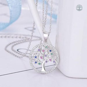 Bijou femme, collier argent décoré d'un arbre de vie coloré