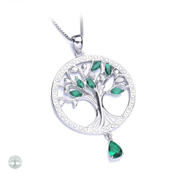 Bijou en argent avec pendentif Arbre de Vie et cristal vert